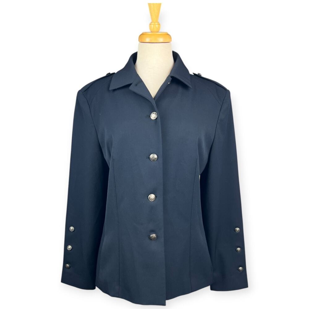 Vintage Larry Levine Nautical Jacket Women Sz 14 Navy Silver Crest Sailor Blazer